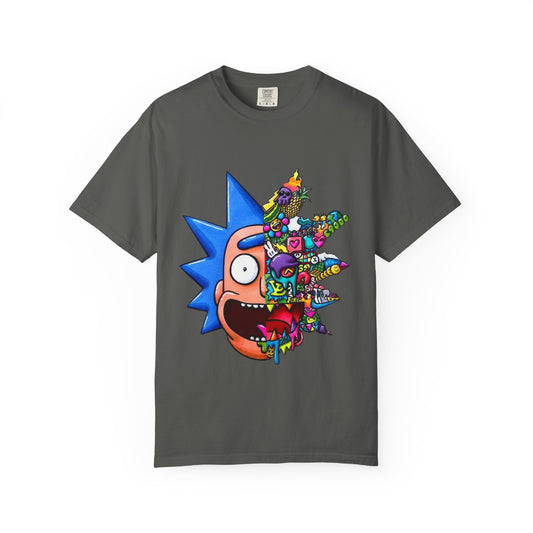 Rick-Inspired Split Face T-Shirt — Psychedelic Cartoon Graphic Tee