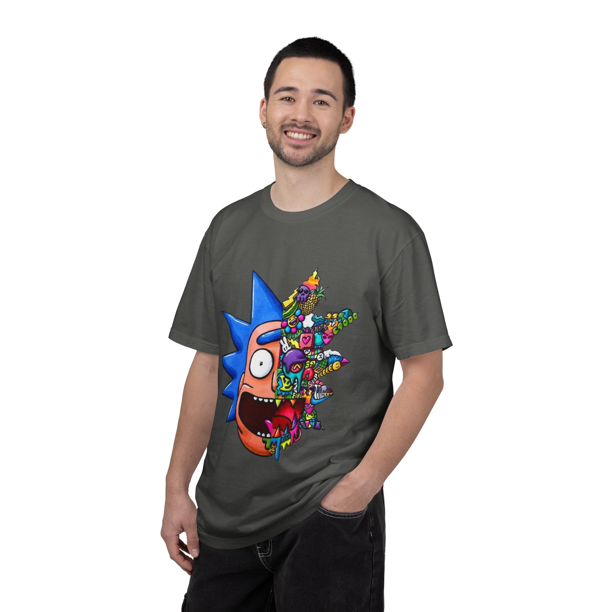 Rick-Inspired Split Face T-Shirt — Psychedelic Cartoon Graphic Tee