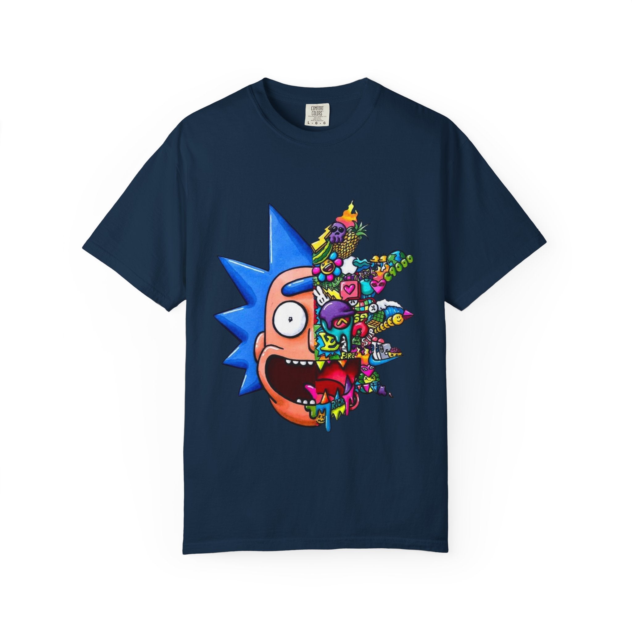 Rick-Inspired Split Face T-Shirt — Psychedelic Cartoon Graphic Tee
