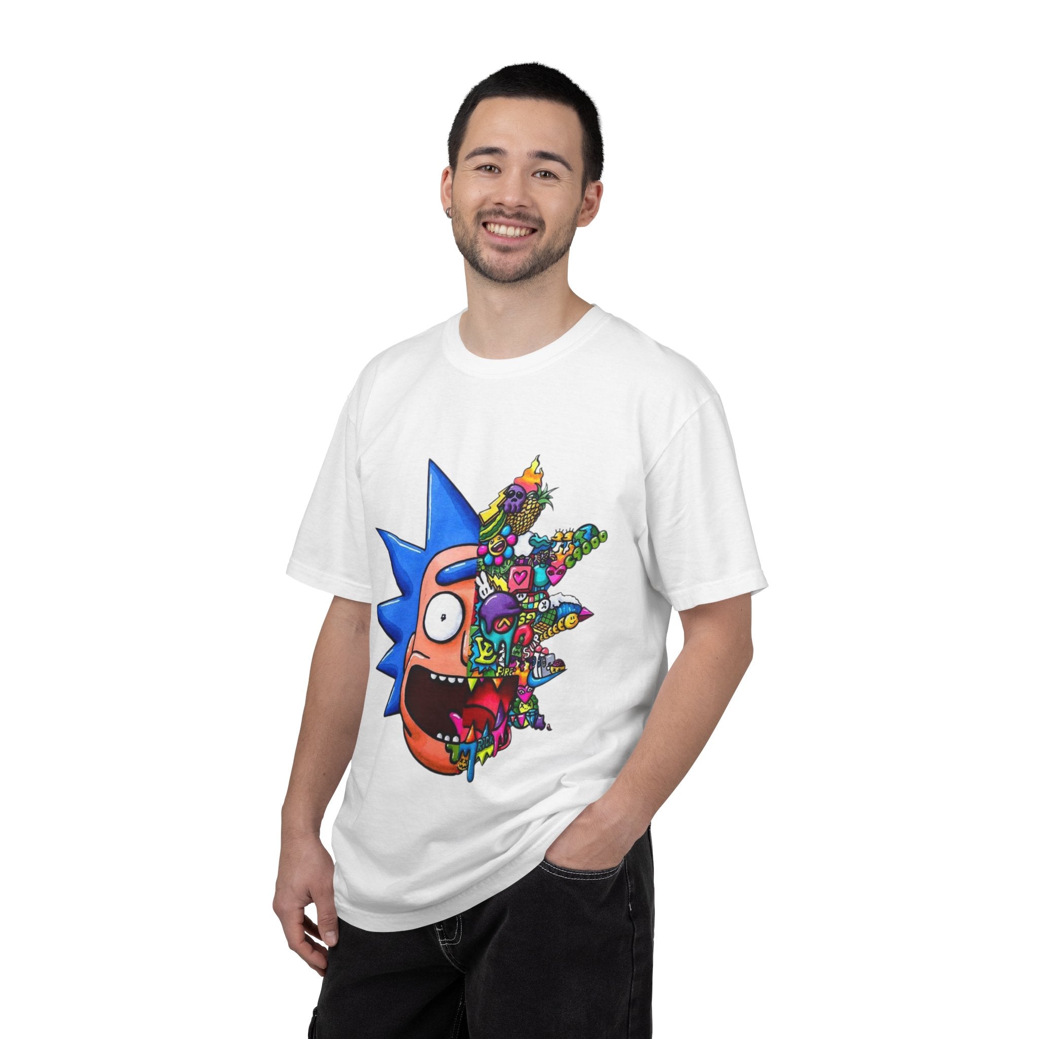 Rick-Inspired Split Face T-Shirt — Psychedelic Cartoon Graphic Tee