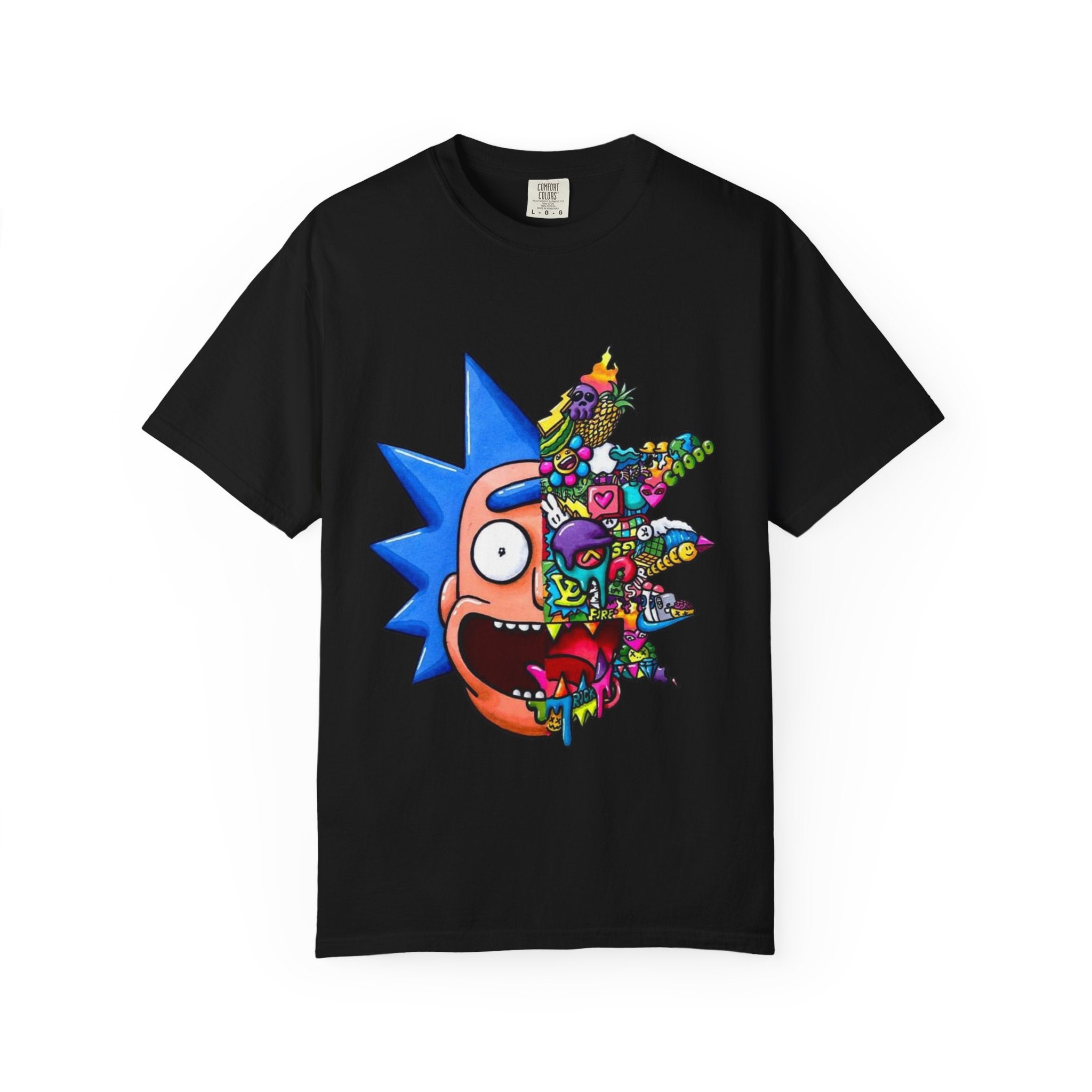 Rick-Inspired Split Face T-Shirt — Psychedelic Cartoon Graphic Tee