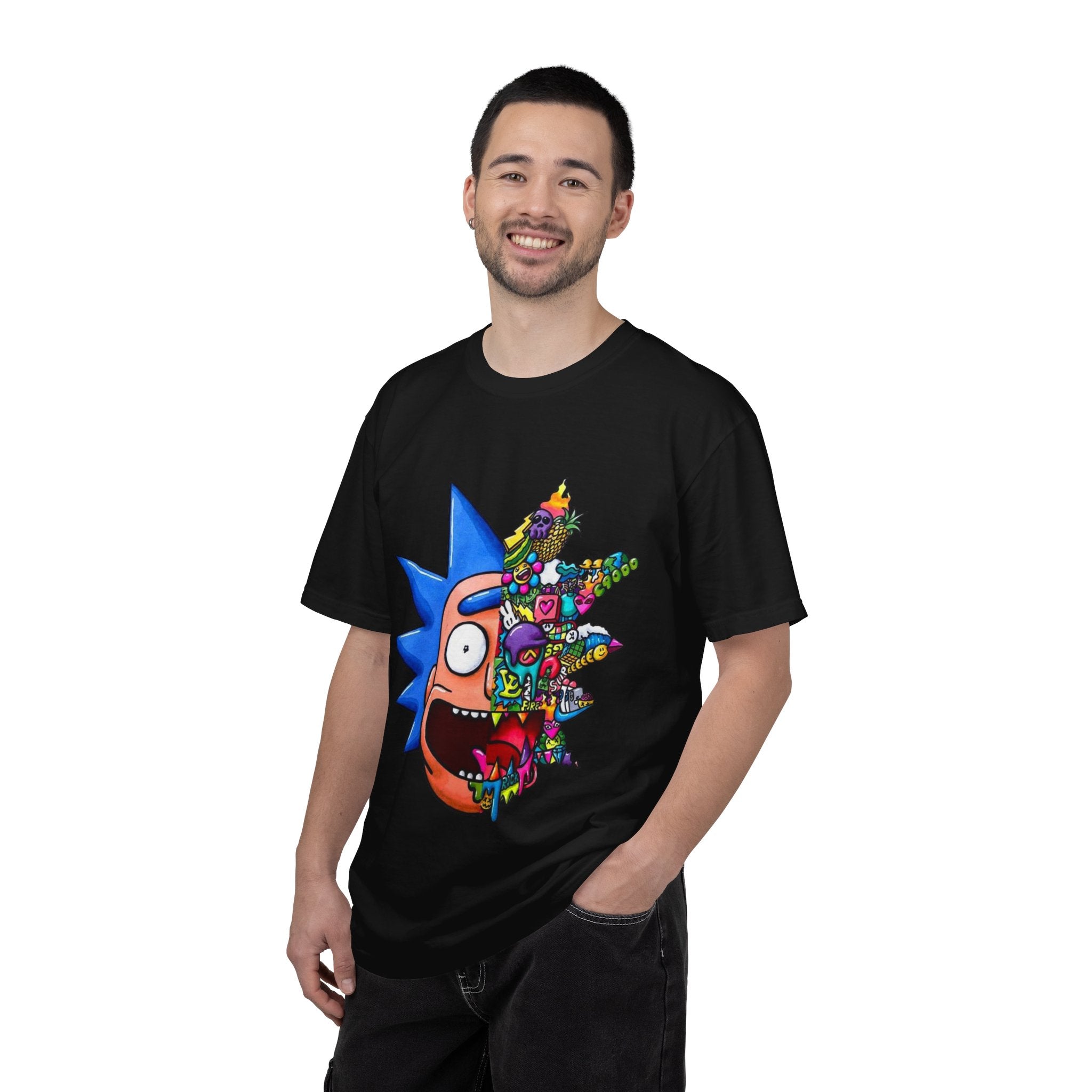 Rick-Inspired Split Face T-Shirt — Psychedelic Cartoon Graphic Tee