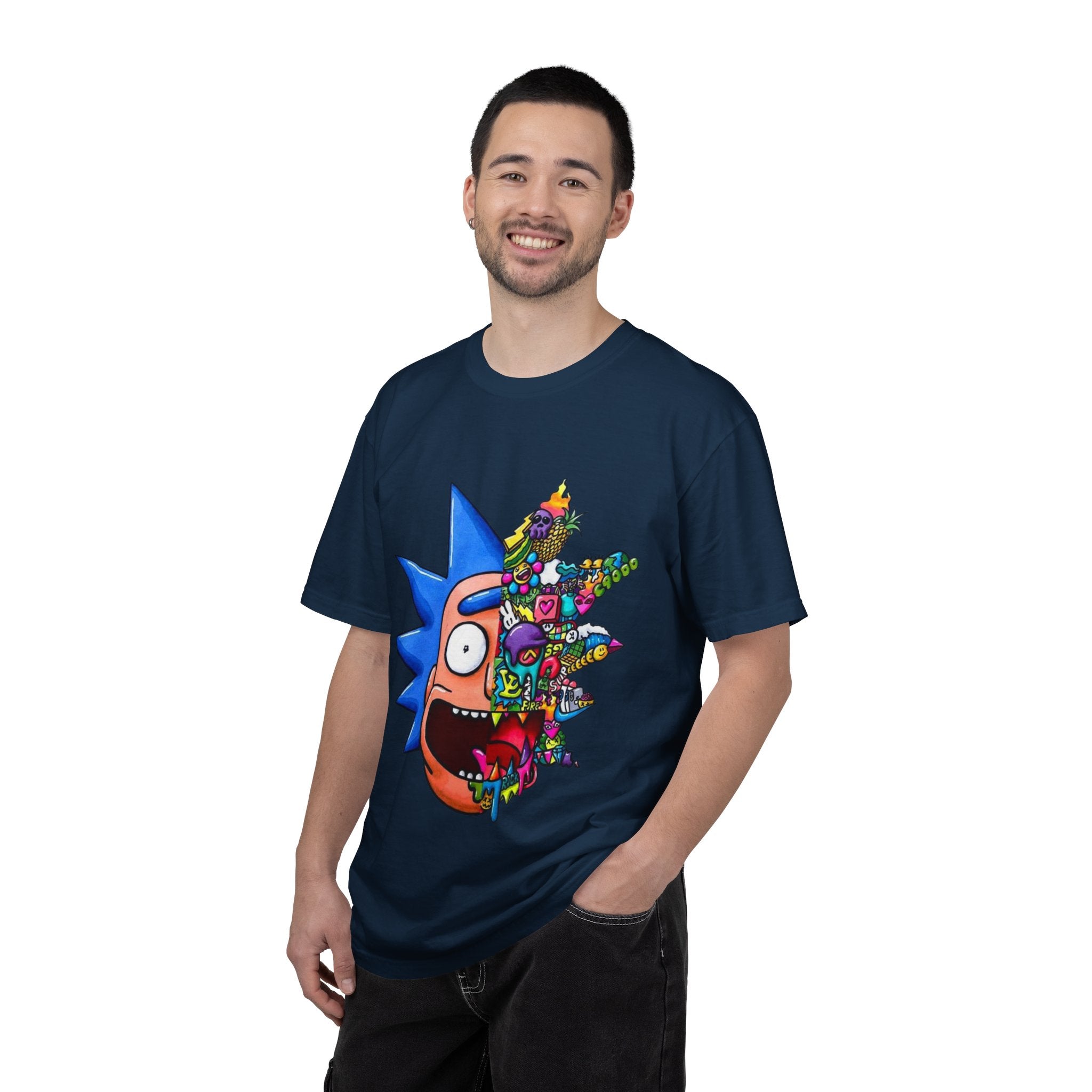 Rick-Inspired Split Face T-Shirt — Psychedelic Cartoon Graphic Tee